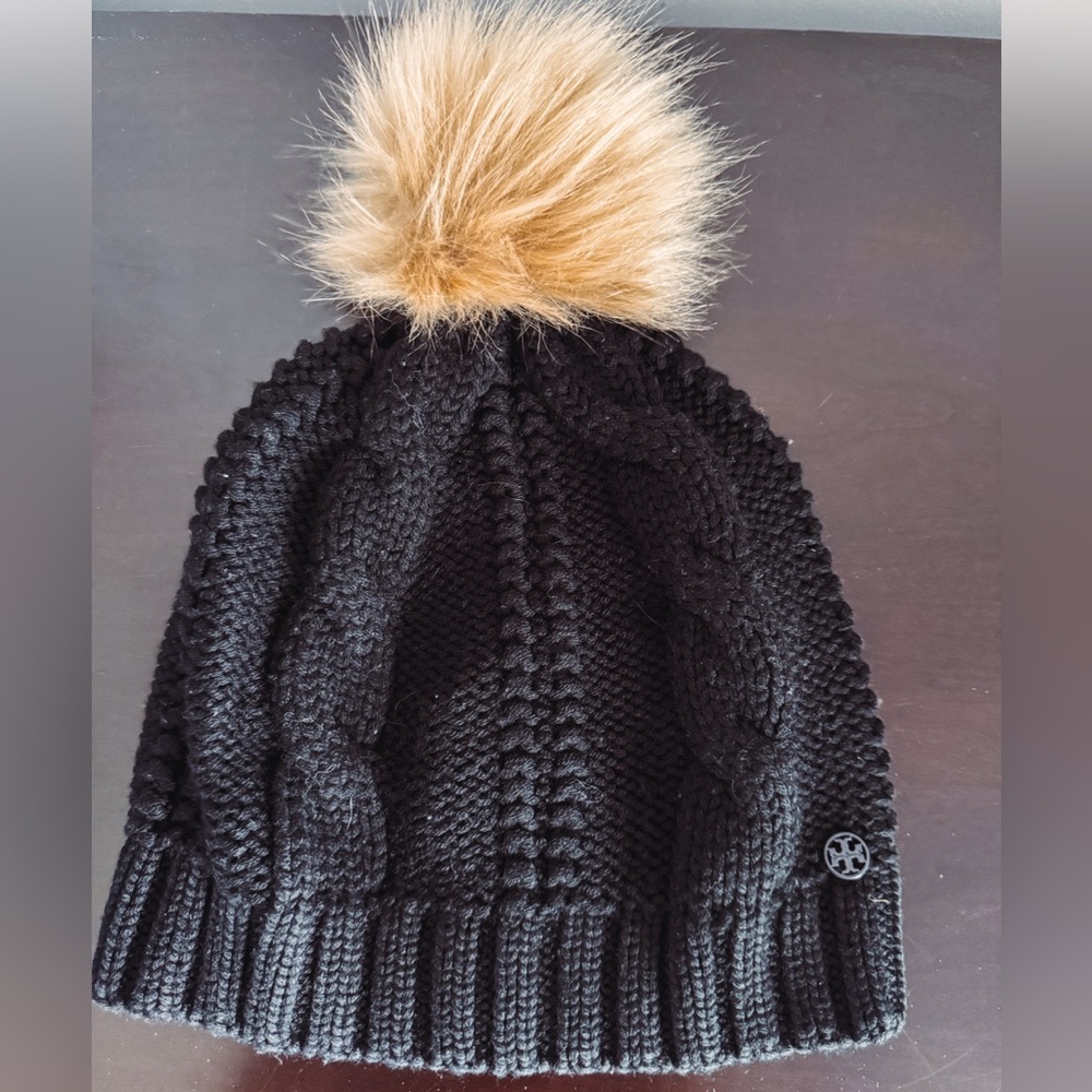Tory Burch Black Beanie with Tan Pom